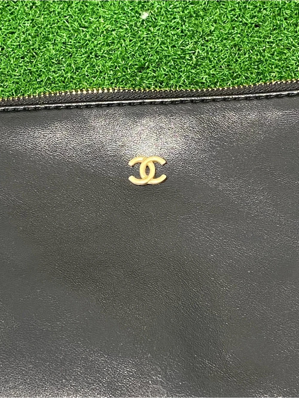 CHANEL Black Leather Zip Pouch with Gold CC Accent 8.5”x6” (Sep 026)